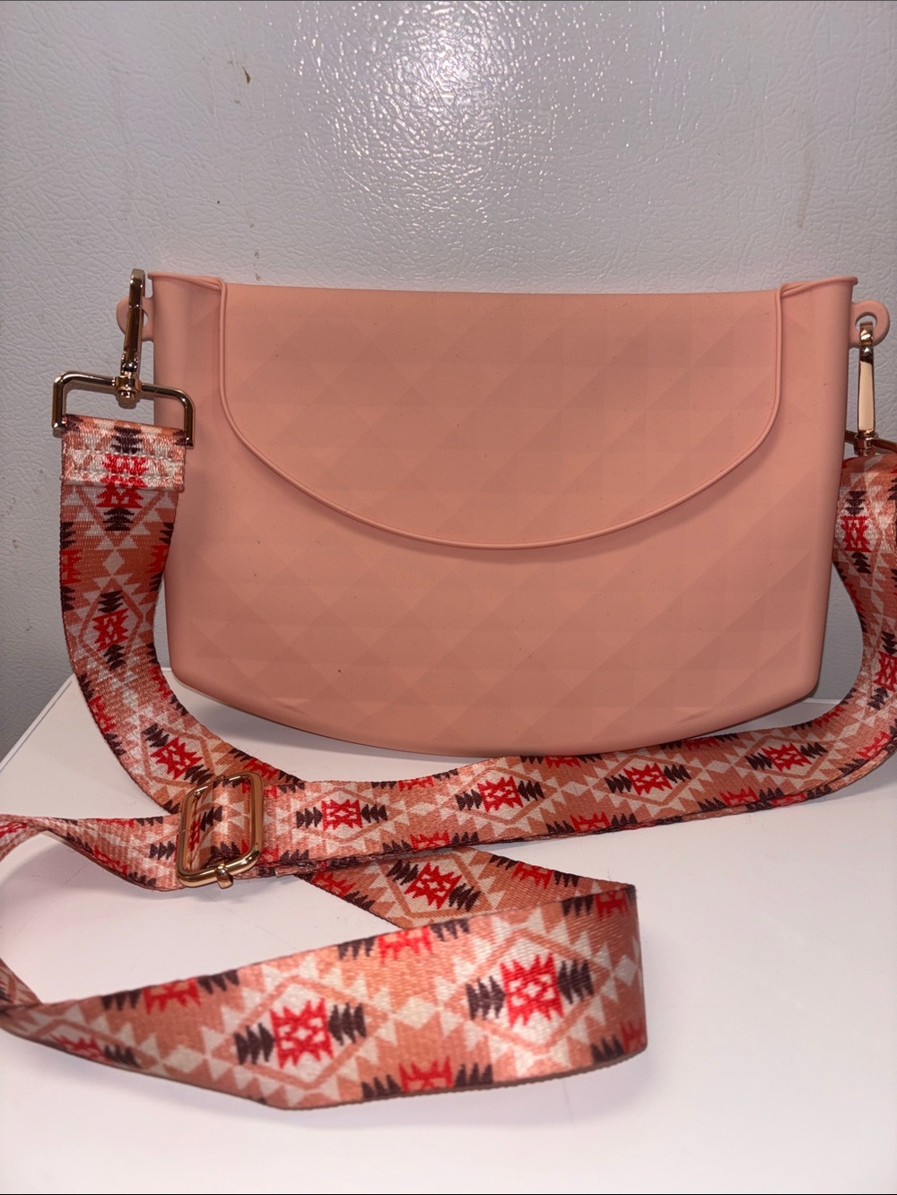 Peach Crossbody Shoulder Bag with Patterned Strap